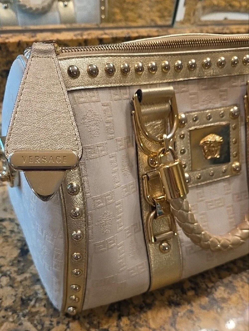 Gorgeous Versace Cream and Gold Medusa Studded Satchel with Braided Handle